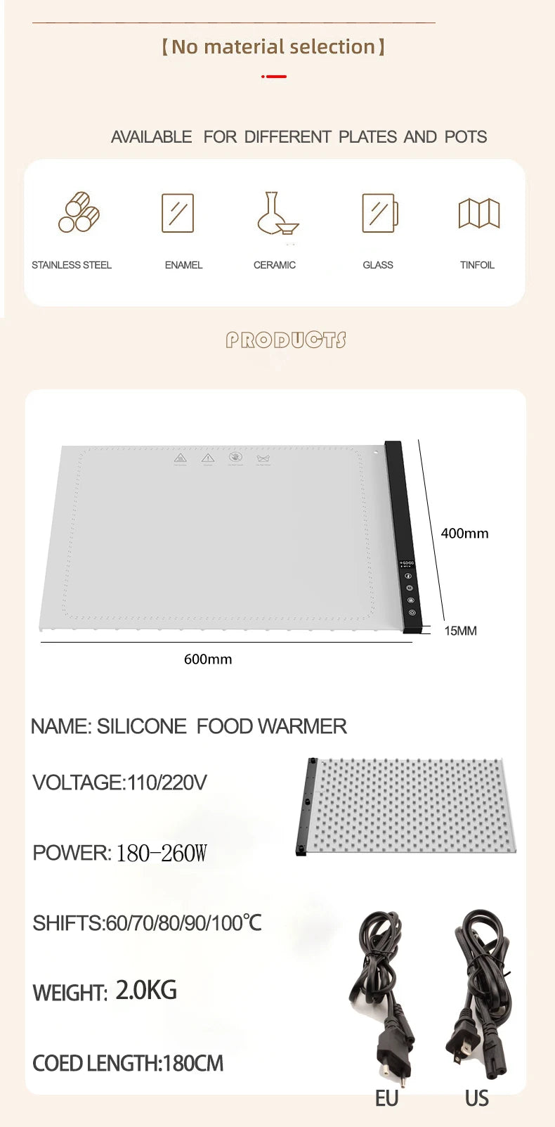 Silicone Heating Mat for Food Warming Trays for Buffets Party with Adjustable Temperature Rollable Food Warmer Plate for Sabbath